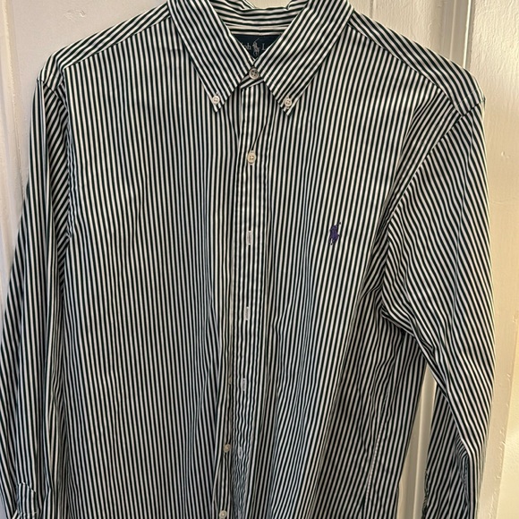 Men’s large, Ralph Lauren, button-down, green and white with purple logo. - Picture 1 of 3